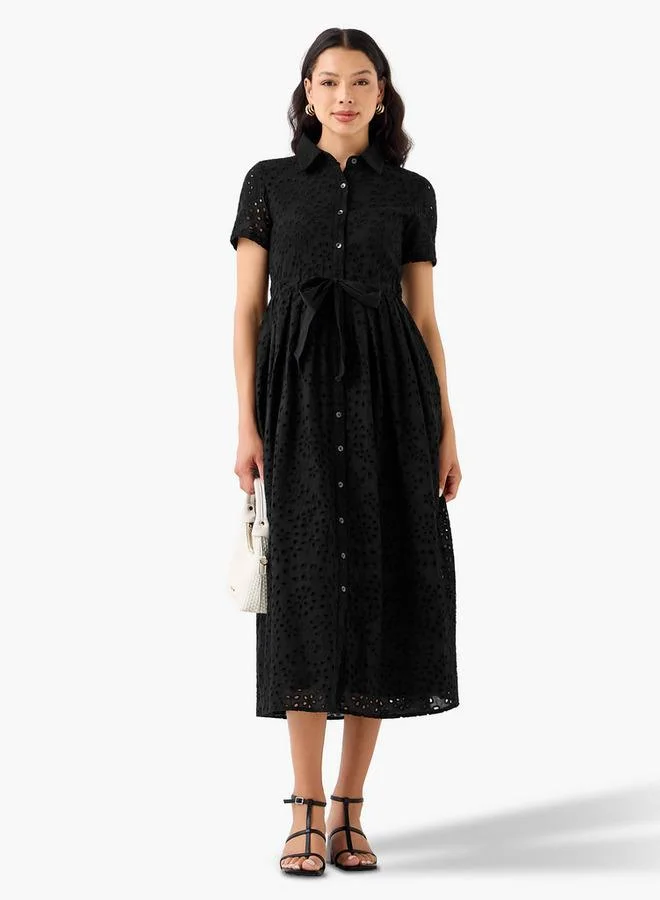 2Xtremz 2Xtremz Belted Midi Cotton Shirt Dress with Schiffli Embroidery